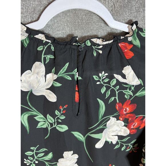 Old Navy Top Womens Size Large Black Floral Swing Bell Sleeve Semi Sheer Ruffle - Picture 6 of 8